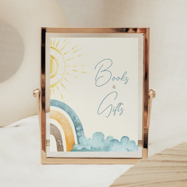 Póster Aquí viene el hijo retro los libros y regalos de l (Boho Here Comes The Sun Baby Shower Books and Gifts Sign)