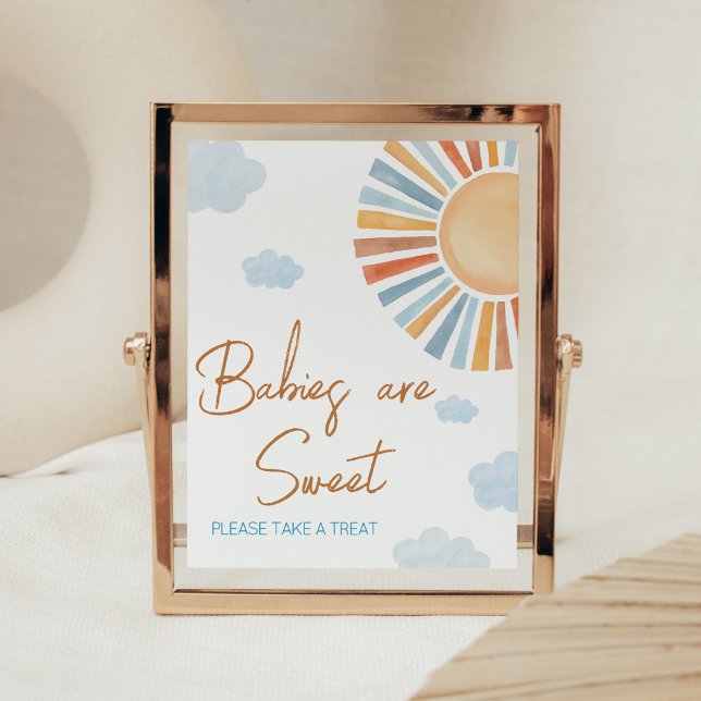 Póster Aquí viene el sol Baby Shower los bebés son dulces (Blue Boho Sunshine Baby Shower Babies are Sweet Sign)