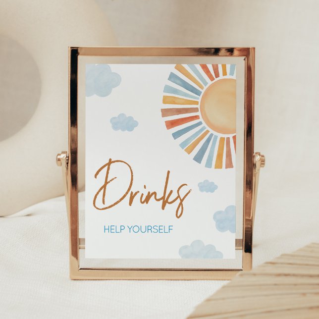 Póster Aquí Viene El Sol De Las Bebidas Baby Shower (Blue Boho Sunshine Baby Shower Drinks Sign)