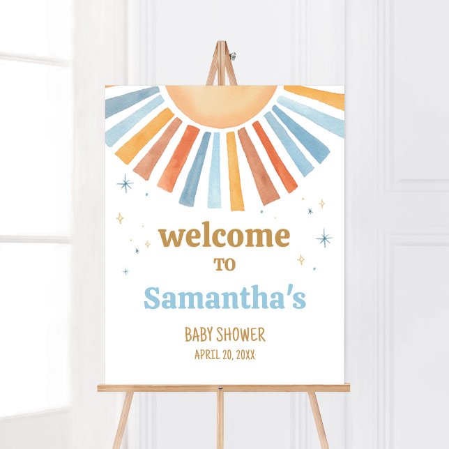 Póster Aquí viene la bienvenida de Baby Shower de Son (Boho Sunshine Baby Shower Welcome Sign)