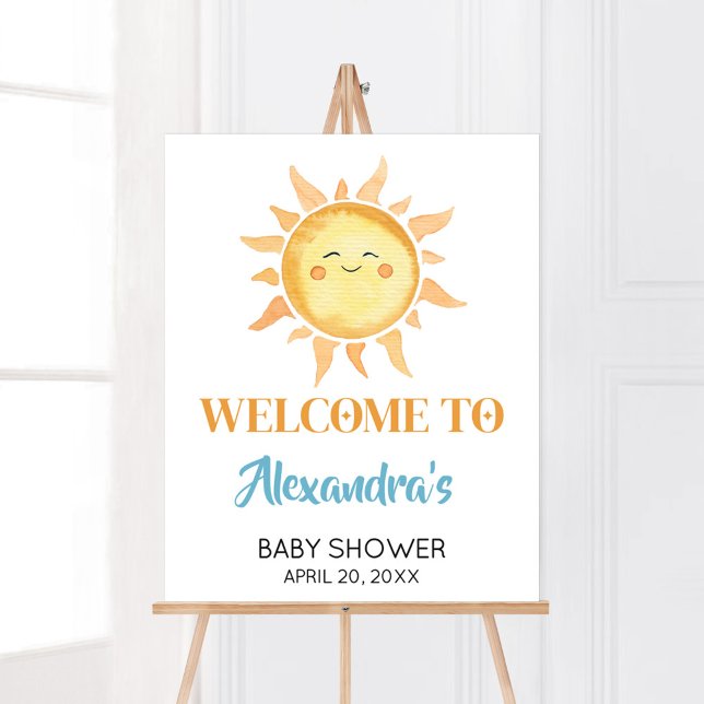 Póster Aquí viene la bienvenida de Baby Shower de Son Cut (Sunshine Here Comes the Son Baby Shower Welcome Sign)