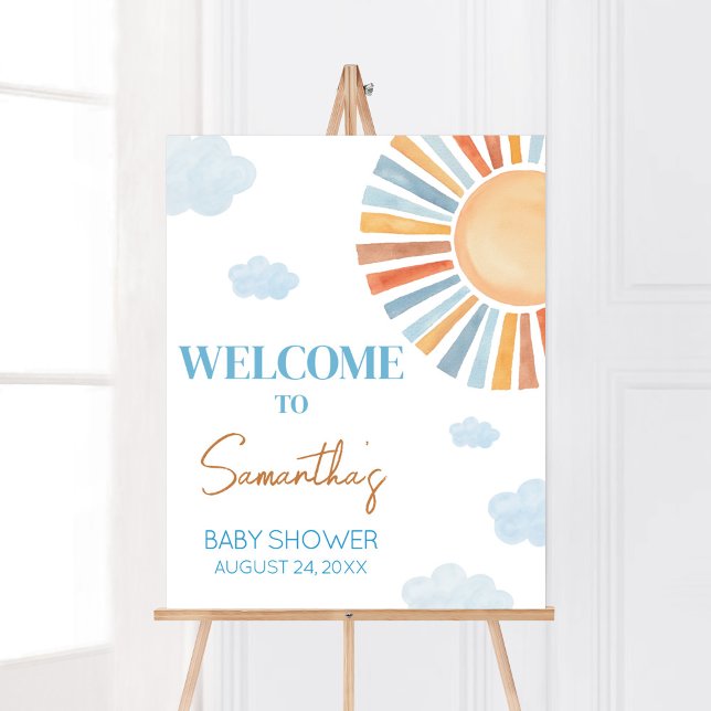 Póster Aquí Viene La Bienvenida De Sun Baby Shower (Blue Boho Sunshine Baby Shower Welcome Sign)