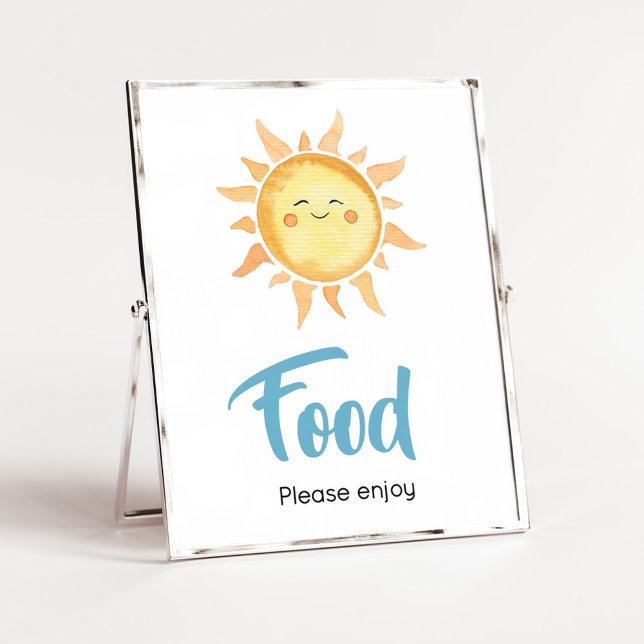 Póster Aquí viene la comida de Baby Shower Son Cute Sun (Sunshine Here Comes the Son Baby Shower Food Sign)