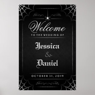 Póster Araña negra de Halloween y bienvenida web al Boda