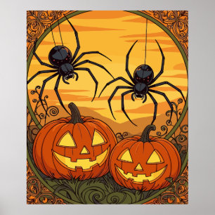 Póster Arañas de Art Nouveau en un campo de Jack O Lanter