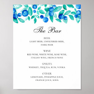 Póster Arándanos. Menú del bar boda de bebidas azules y d