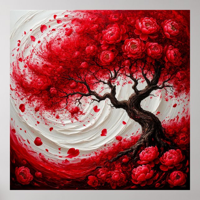 Póster Árbol abstracto vibrante con flores rojas arremoli (Frente)