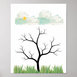 Póster Árbol acuarela con nubes y sol, naturaleza