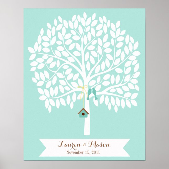 Póster Árbol alternativo del libro de bodas, hojas azules (Frente)