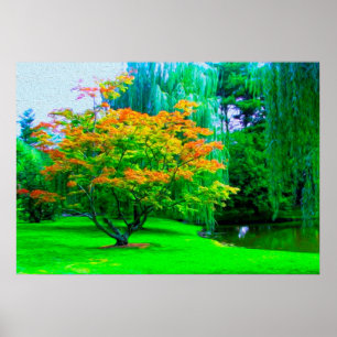 Póster Árbol anaranjado del flor del pequeño río e hie
