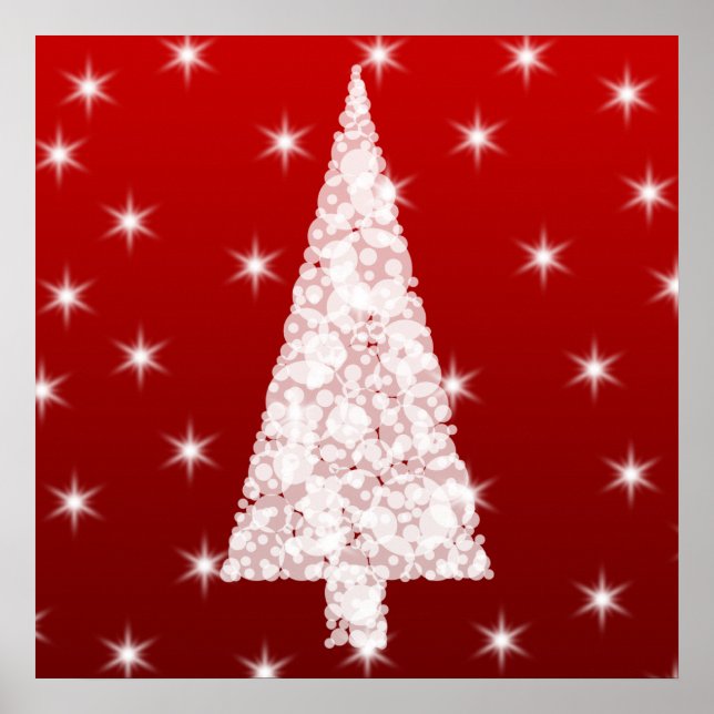 Póster Árbol blanco de Navidad con estrellas en rojo. (Frente)
