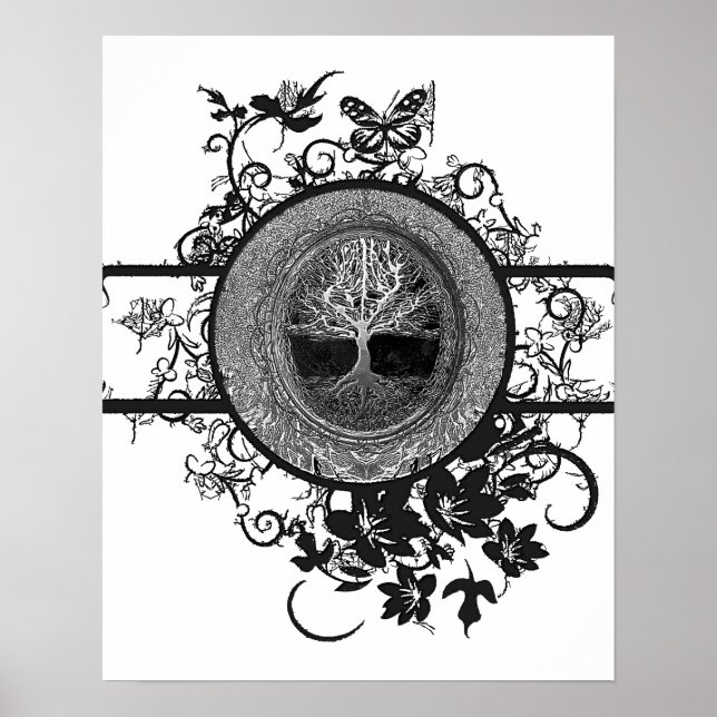 Póster Árbol blanco y negro de vida con flores (Frente)