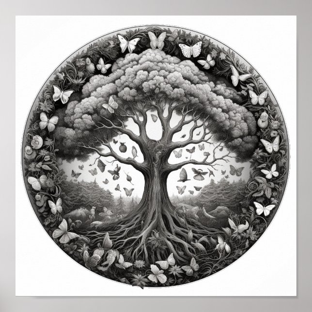 Póster Árbol blanco y negro de vida con mariposas (Frente)