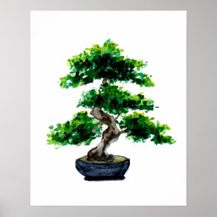 Póster Árbol Bonsai de color de agua japonés