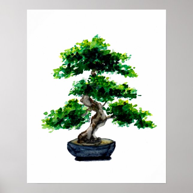 Póster Árbol Bonsai de color de agua japonés (Frente)