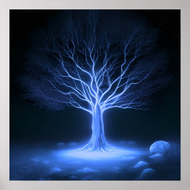 Póster Árbol brillante de ramas vacías - Azul oscuro (Frente)