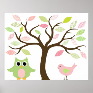 Póster Árbol, búho y poster de aves para la habitación de