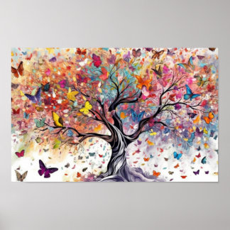 Póster Árbol colorido con mariposas