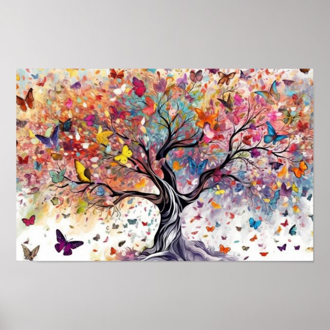 Póster Árbol colorido con mariposas (Frente)
