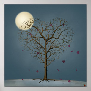 Póster Árbol con forma de corazón melancólico bajo la lun