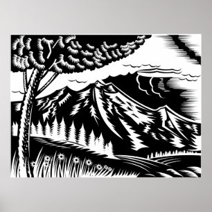 Póster árbol con la montaña en grabar en madera del fondo