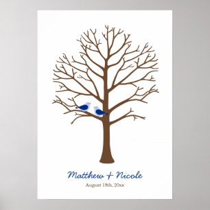 Póster Árbol de Bodas Huella Dactilar Pájaros Marrones Az