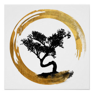 Póster Árbol de Bonsai. Círculo Zen Enso. Arte acuático