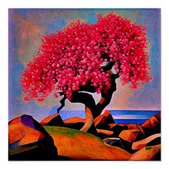 Póster Árbol de cerezo entre rocas 2 (Anverso)