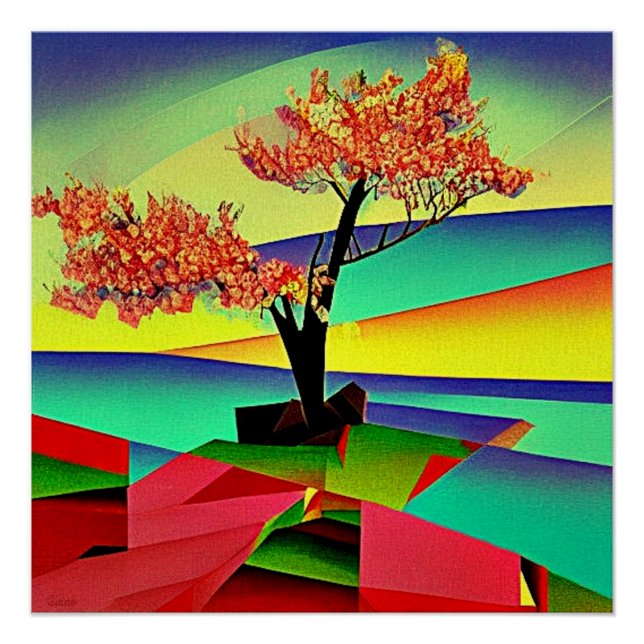 Póster Árbol de cerezo entre rocas 3 (Anverso)