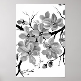 Póster Arbol de cerezo japonés sakura negro y blanco