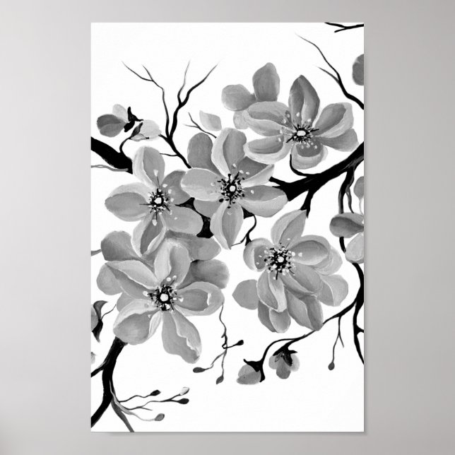 Póster Arbol de cerezo japonés sakura negro y blanco (Frente)