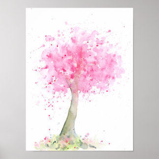 Póster Árbol de cerezos rosa abstracto de color de agua