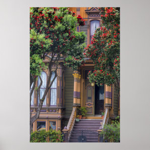 Póster Árbol de eucalipto de flores rojas enmarca estilo 
