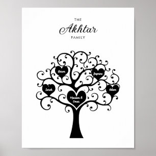 Póster Árbol de familia del corazón blanco y negro