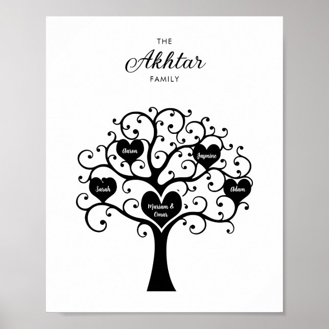 Póster Árbol de familia del corazón blanco y negro (Frente)