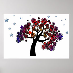 Póster Árbol de fantasía con flores y estrellas moradas y