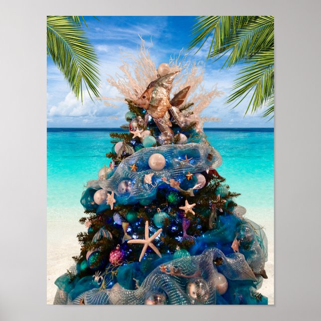 Póster Árbol de feriados tropical de playa para Navidades (Frente)