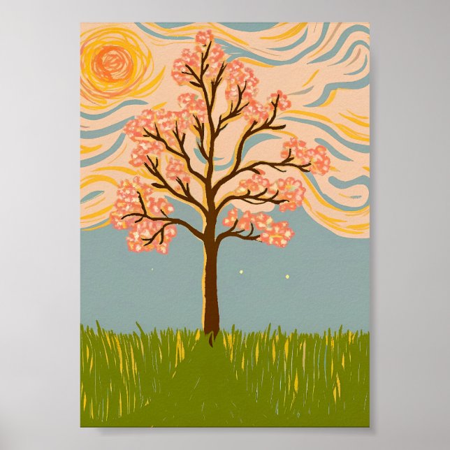 Póster Árbol de flor de cerezo Impasto Remolino de cielo  (Frente)