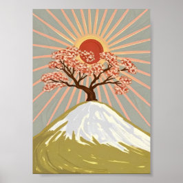 Póster Árbol de Flor de Cerezo Montaña Amanecer Japonés