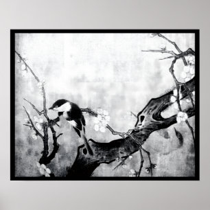 Póster ÁRBOL DE FLOR DE PÁJARO DE PRIMAVERA Blanco Gris N