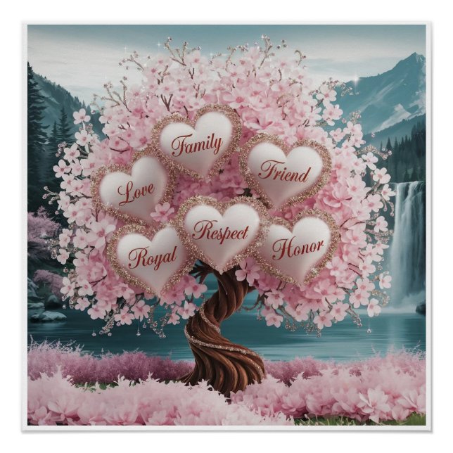Póster Árbol de flores de cerezo 3D con Purpurina y entre (Anverso)