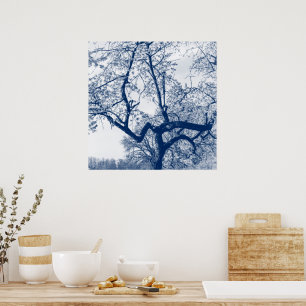 Póster Árbol de flores de cerezo, azul Delfts