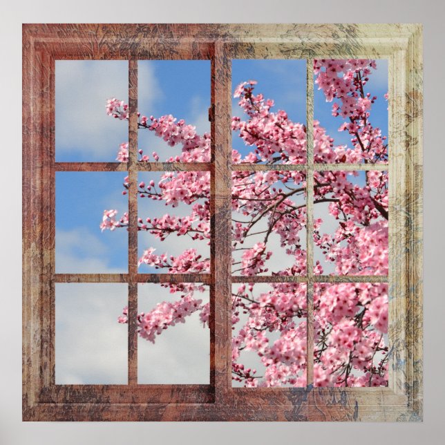 Póster Árbol de flores de cerezo de ventana (Frente)