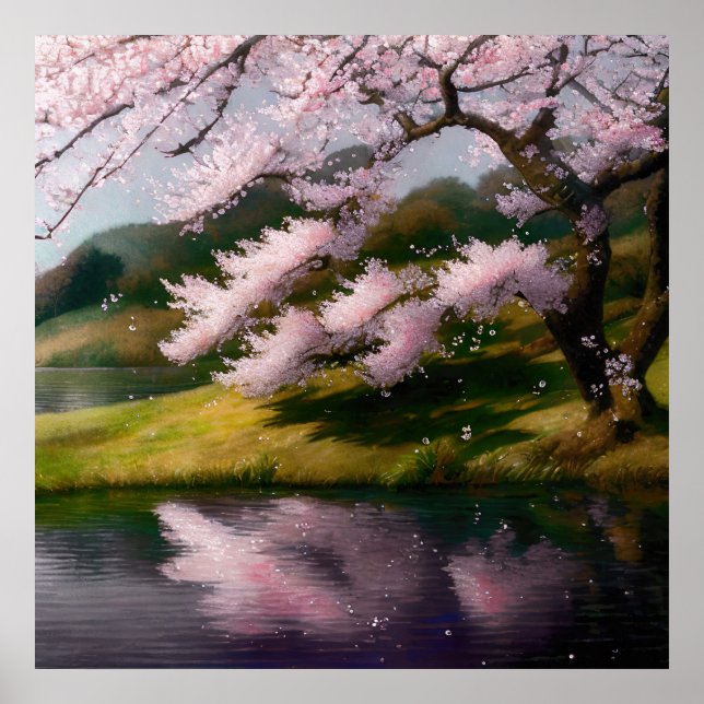 Póster Árbol de flores de cerezo en un lago (Frente)