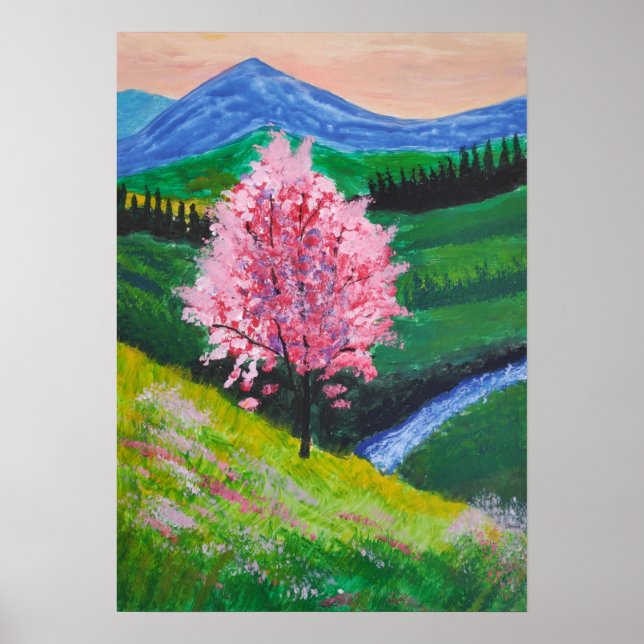 Póster Árbol de flores rosadas en campo verde (Frente)