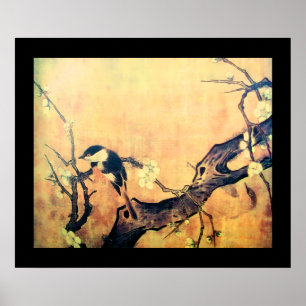 Póster ÁRBOL DE FLORES Y PÁJARO DE PRIMAVERA Amarillo Mar