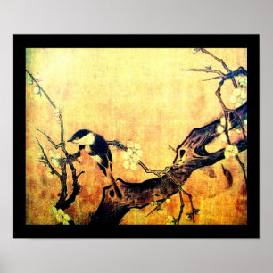 Póster ÁRBOL DE FLORES Y PÁJARO DE PRIMAVERA Amarillo Mar