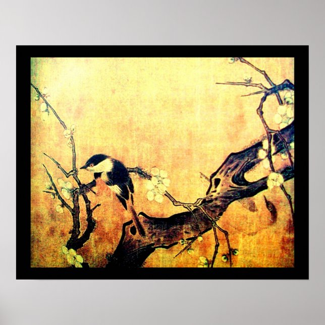 Póster ÁRBOL DE FLORES Y PÁJARO DE PRIMAVERA Amarillo Mar (Frente)