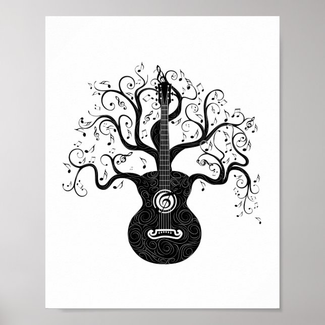 Póster Árbol de guitarra de vida y notas musicales (Frente)