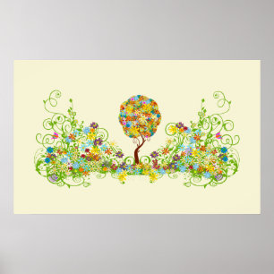 Póster Árbol de hadas de hadas floridas encantado